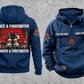 Firefighter Once and Always Vintage Hoodie in Dark Blue, complete front and back views with CUSTOM NAME and SINCE 2000 chest tabs, generic helmet and crossed-axes motifs, plain lower pouch with brown label, and ONCE A FIREFIGHTER / ALWAYS A FIREFIGHTER boots-and-hose back artwork.