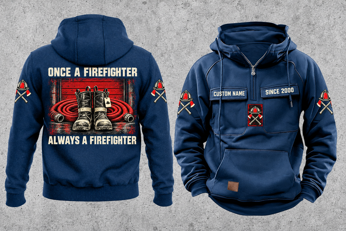Firefighter Once and Always Vintage Hoodie in Dark Blue, complete front and back views with CUSTOM NAME and SINCE 2000 chest tabs, generic helmet and crossed-axes motifs, plain lower pouch with brown label, and ONCE A FIREFIGHTER / ALWAYS A FIREFIGHTER boots-and-hose back artwork.