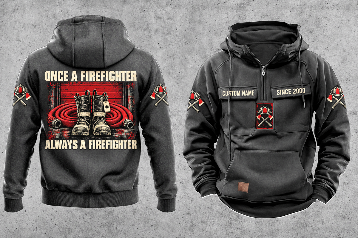 Firefighter Once and Always Vintage Hoodie in Dark Gray, complete front and back views with CUSTOM NAME and SINCE 2000 chest tabs, generic helmet and crossed-axes motifs, plain lower pouch with brown label, and ONCE A FIREFIGHTER / ALWAYS A FIREFIGHTER boots-and-hose back artwork.