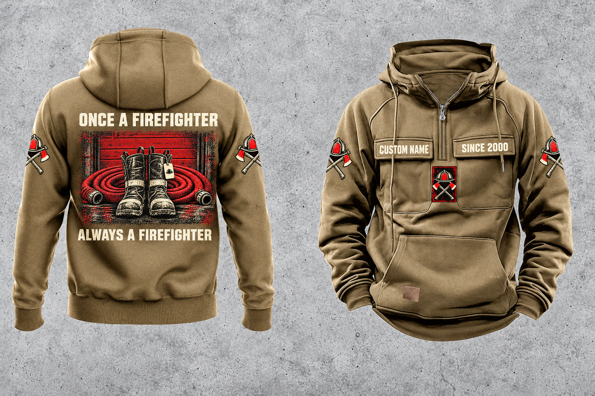 Firefighter Once and Always Vintage Hoodie in Kaki, complete front and back views with CUSTOM NAME and SINCE 2000 chest tabs, generic helmet and crossed-axes motifs, plain lower pouch with brown label, and ONCE A FIREFIGHTER / ALWAYS A FIREFIGHTER boots-and-hose back artwork.