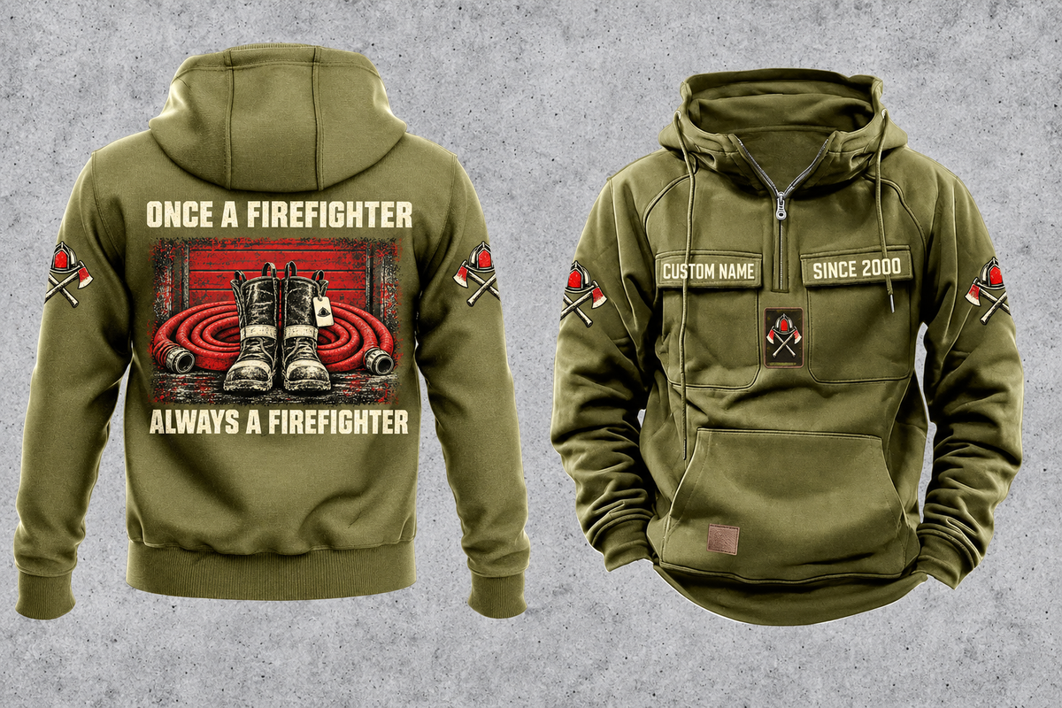 Firefighter Once and Always Vintage Hoodie in Military Green, complete front and back views with CUSTOM NAME and SINCE 2000 chest tabs, generic helmet and crossed-axes motifs, plain lower pouch with brown label, and ONCE A FIREFIGHTER / ALWAYS A FIREFIGHTER boots-and-hose back artwork.