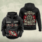 Firefighter Heritage Crest Vintage Hoodie in Black, front and back views with sample chest text CUSTOM NAME and SINCE 2000, helmet-and-axes front motifs and ornate firefighter crest on the back.
