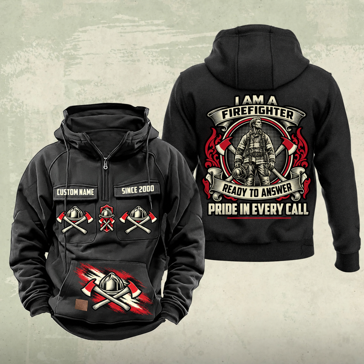 Firefighter Heritage Crest Vintage Hoodie in Black, front and back views with sample chest text CUSTOM NAME and SINCE 2000, helmet-and-axes front motifs and ornate firefighter crest on the back.