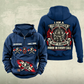 Firefighter Heritage Crest Vintage Hoodie in Dark Blue, front and back views with sample chest text CUSTOM NAME and SINCE 2000, helmet-and-axes front motifs and ornate firefighter crest on the back.