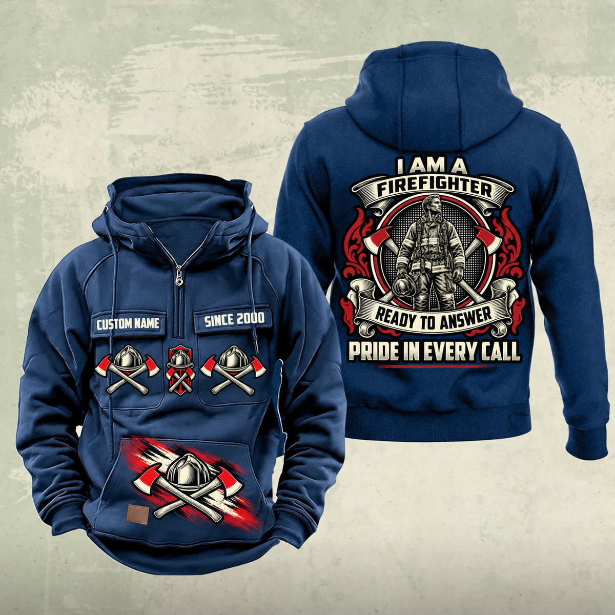 Firefighter Heritage Crest Vintage Hoodie in Dark Blue, front and back views with sample chest text CUSTOM NAME and SINCE 2000, helmet-and-axes front motifs and ornate firefighter crest on the back.