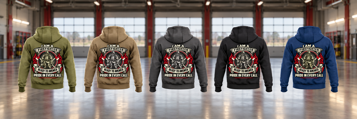 Five complete rear views of the Firefighter Heritage Crest Vintage Hoodie in Military Green, Kaki, Dark Gray, Black and Dark Blue, arranged separately in a quiet firehouse bay. Each back shows the ornate firefighter-and-axes crest and the wording I AM A, FIREFIGHTER, READY TO ANSWER and PRIDE IN EVERY CALL.