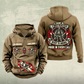Firefighter Heritage Crest Vintage Hoodie in Kaki, front and back views with sample chest text CUSTOM NAME and SINCE 2000, helmet-and-axes front motifs and ornate firefighter crest on the back.