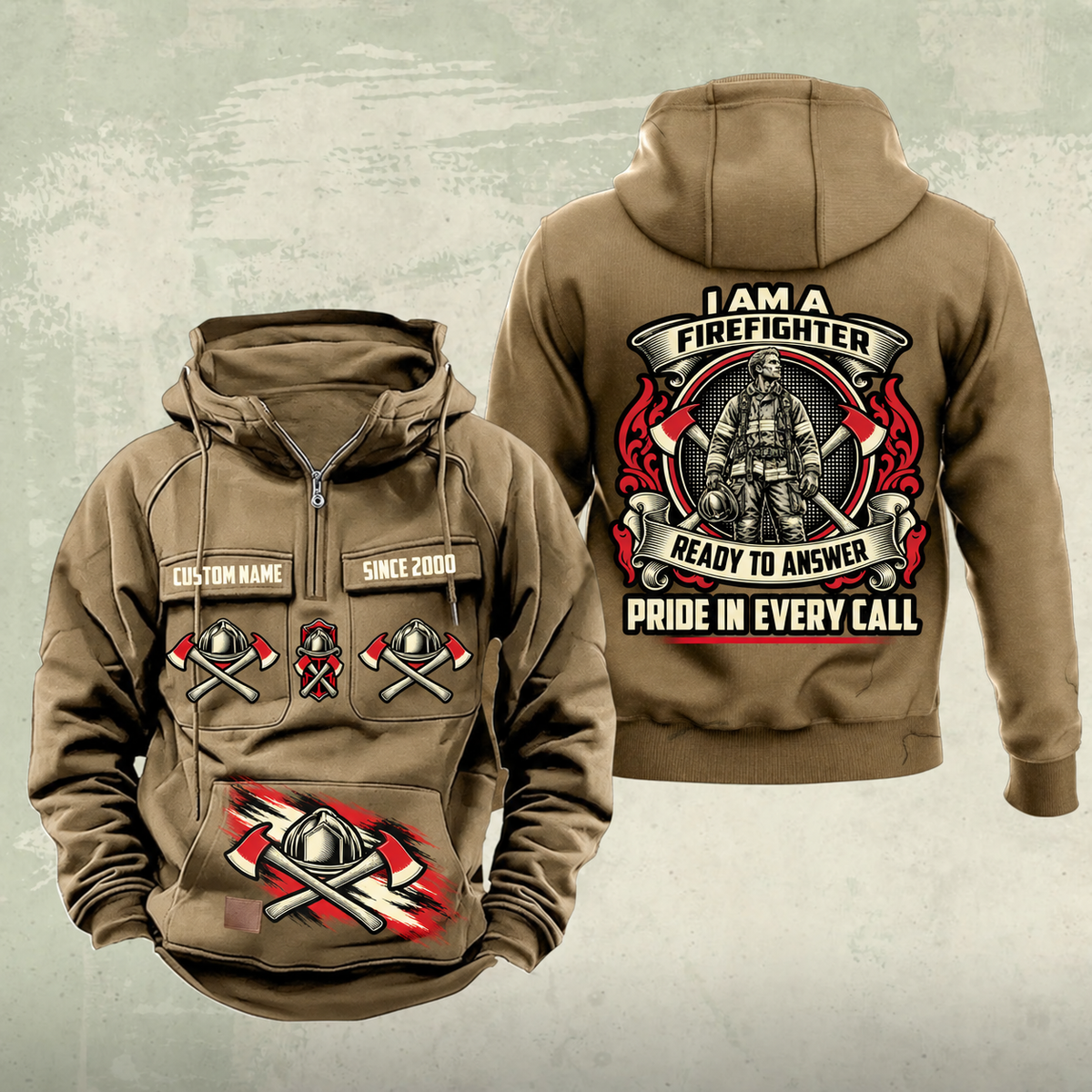 Firefighter Heritage Crest Vintage Hoodie in Kaki, front and back views with sample chest text CUSTOM NAME and SINCE 2000, helmet-and-axes front motifs and ornate firefighter crest on the back.