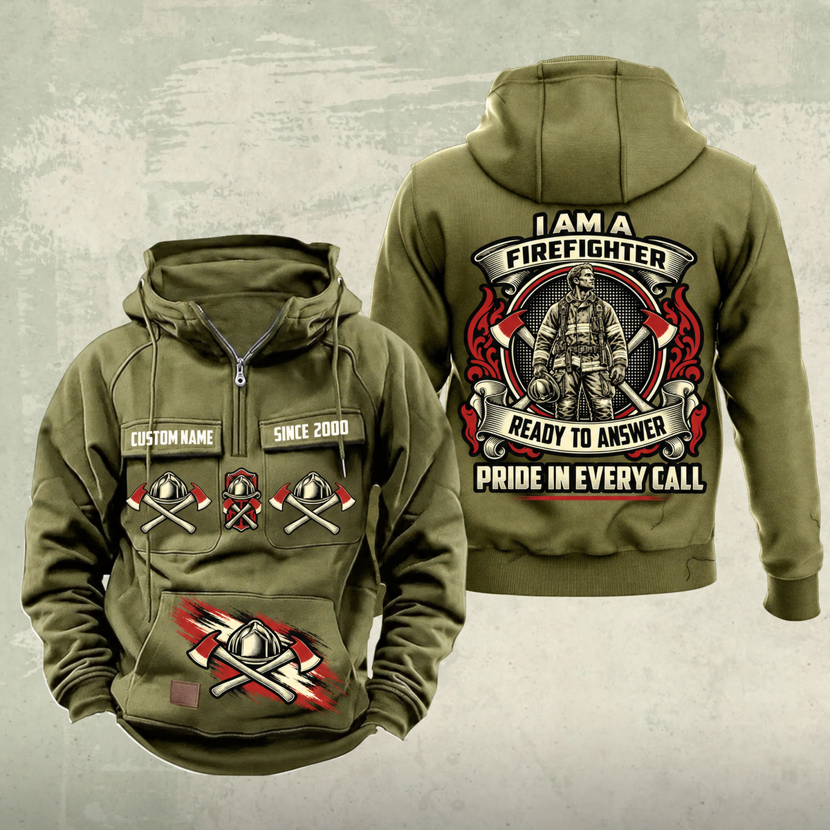 Firefighter Heritage Crest Vintage Hoodie in Military Green, front and back views with sample chest text CUSTOM NAME and SINCE 2000, helmet-and-axes front motifs and ornate firefighter crest on the back.