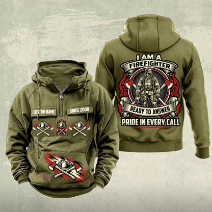 Firefighter Heritage Crest Vintage Hoodie in Military Green, front and back views with sample chest text CUSTOM NAME and SINCE 2000, helmet-and-axes front motifs and ornate firefighter crest on the back.