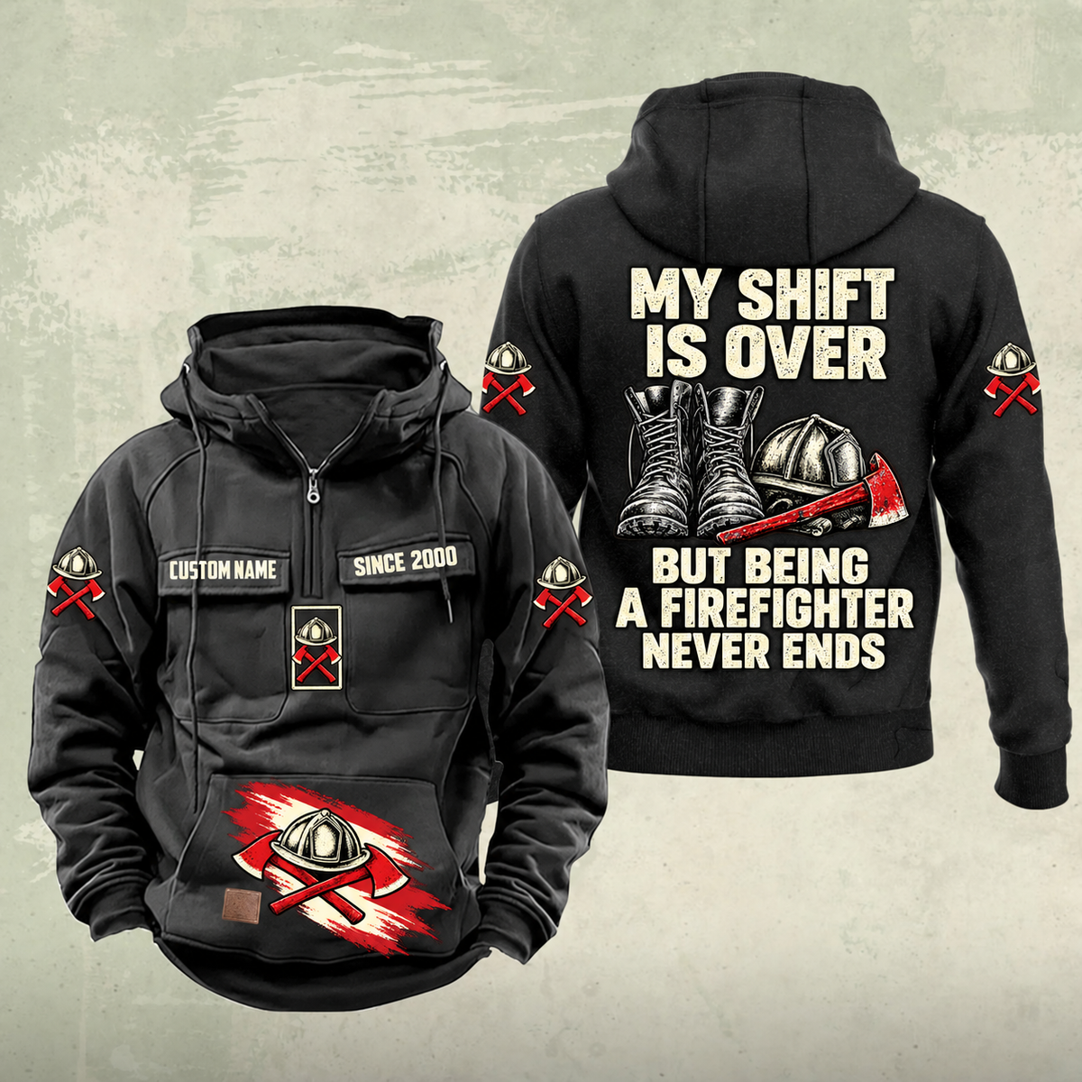 Firefighter Never Ends Vintage Hoodie in Black, front and back views with CUSTOM NAME and SINCE 2000 chest samples, firefighter helmet-and-axes motifs, and boots-and-helmet back artwork.
