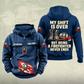 Firefighter Never Ends Vintage Hoodie in Dark Blue, front and back views with CUSTOM NAME and SINCE 2000 chest samples, firefighter helmet-and-axes motifs, and boots-and-helmet back artwork.