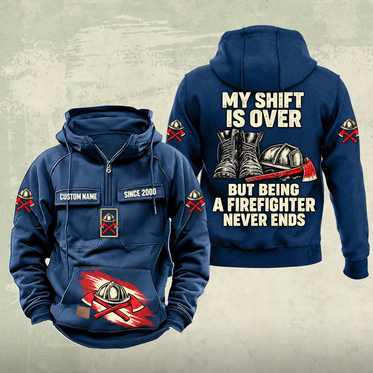 Firefighter Never Ends Vintage Hoodie in Dark Blue, front and back views with CUSTOM NAME and SINCE 2000 chest samples, firefighter helmet-and-axes motifs, and boots-and-helmet back artwork.