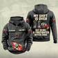 Firefighter Never Ends Vintage Hoodie in Dark Gray, front and back views with CUSTOM NAME and SINCE 2000 chest samples, firefighter helmet-and-axes motifs, and boots-and-helmet back artwork.