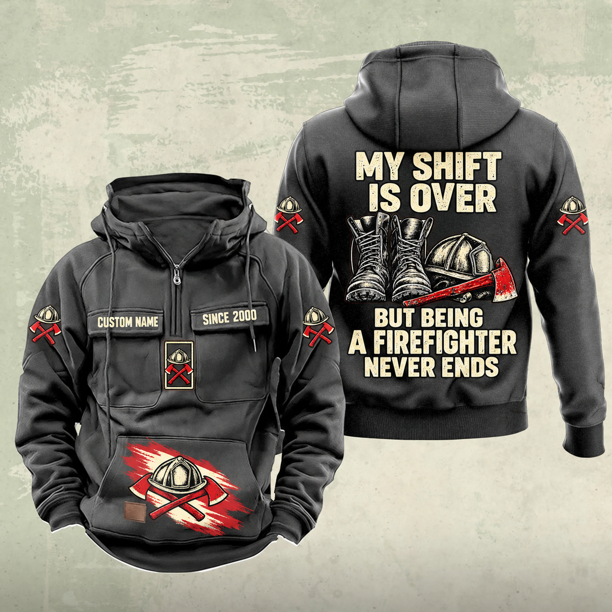 Firefighter Never Ends Vintage Hoodie in Dark Gray, front and back views with CUSTOM NAME and SINCE 2000 chest samples, firefighter helmet-and-axes motifs, and boots-and-helmet back artwork.