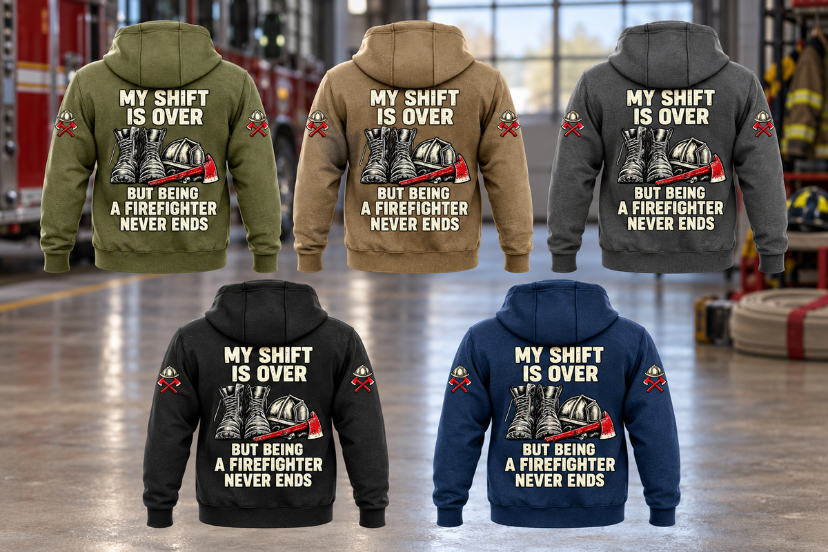 Firefighter Never Ends Vintage Hoodie in all five colors: Military Green, Kaki and Dark Gray across the top, Black and Dark Blue below, shown as five complete separated back views in a quiet firehouse bay.