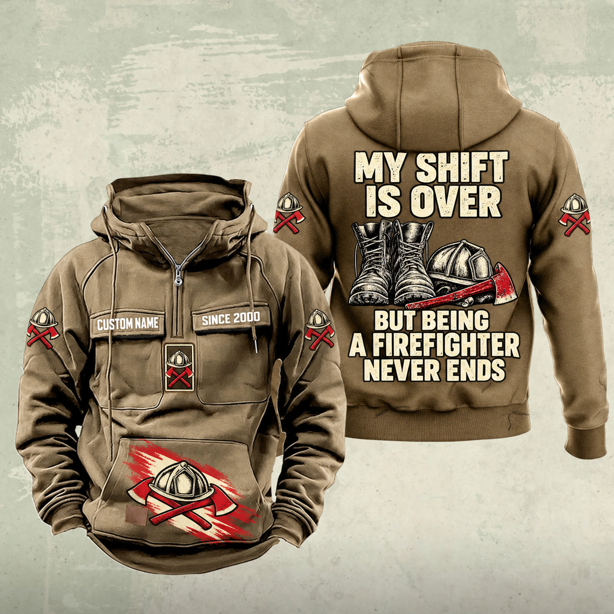 Firefighter Never Ends Vintage Hoodie in Kaki, front and back views with CUSTOM NAME and SINCE 2000 chest samples, firefighter helmet-and-axes motifs, and boots-and-helmet back artwork.