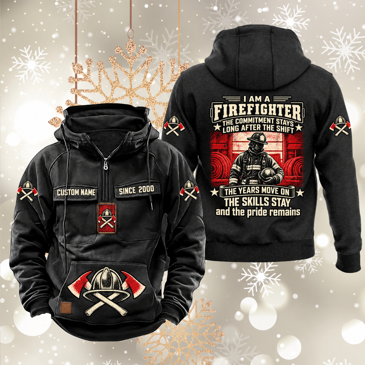 Firefighter Skills and Pride Vintage Hoodie in Black, front and back views with sample chest text CUSTOM NAME and SINCE 2000, helmet-and-axes motifs and firefighter portrait back artwork.