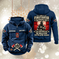 Firefighter Skills and Pride Vintage Hoodie in Dark Blue, front and back views with sample chest text CUSTOM NAME and SINCE 2000, helmet-and-axes motifs and firefighter portrait back artwork.