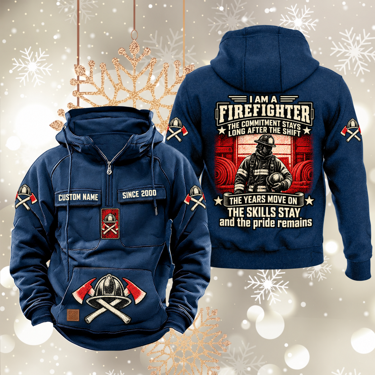 Firefighter Skills and Pride Vintage Hoodie in Dark Blue, front and back views with sample chest text CUSTOM NAME and SINCE 2000, helmet-and-axes motifs and firefighter portrait back artwork.
