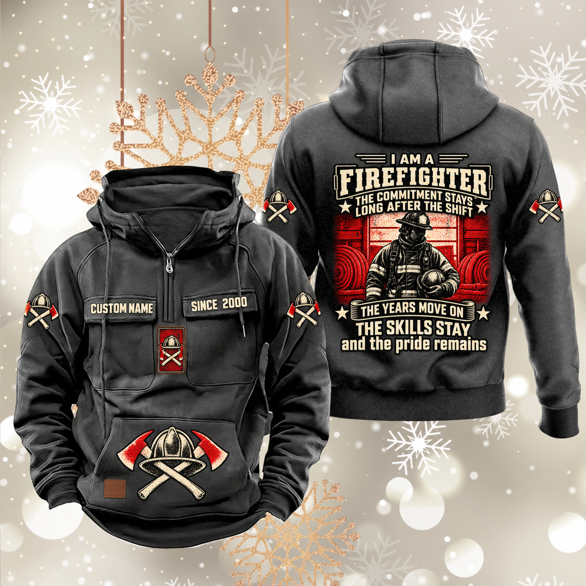 Firefighter Skills and Pride Vintage Hoodie in Dark Gray, front and back views with sample chest text CUSTOM NAME and SINCE 2000, helmet-and-axes motifs and firefighter portrait back artwork.