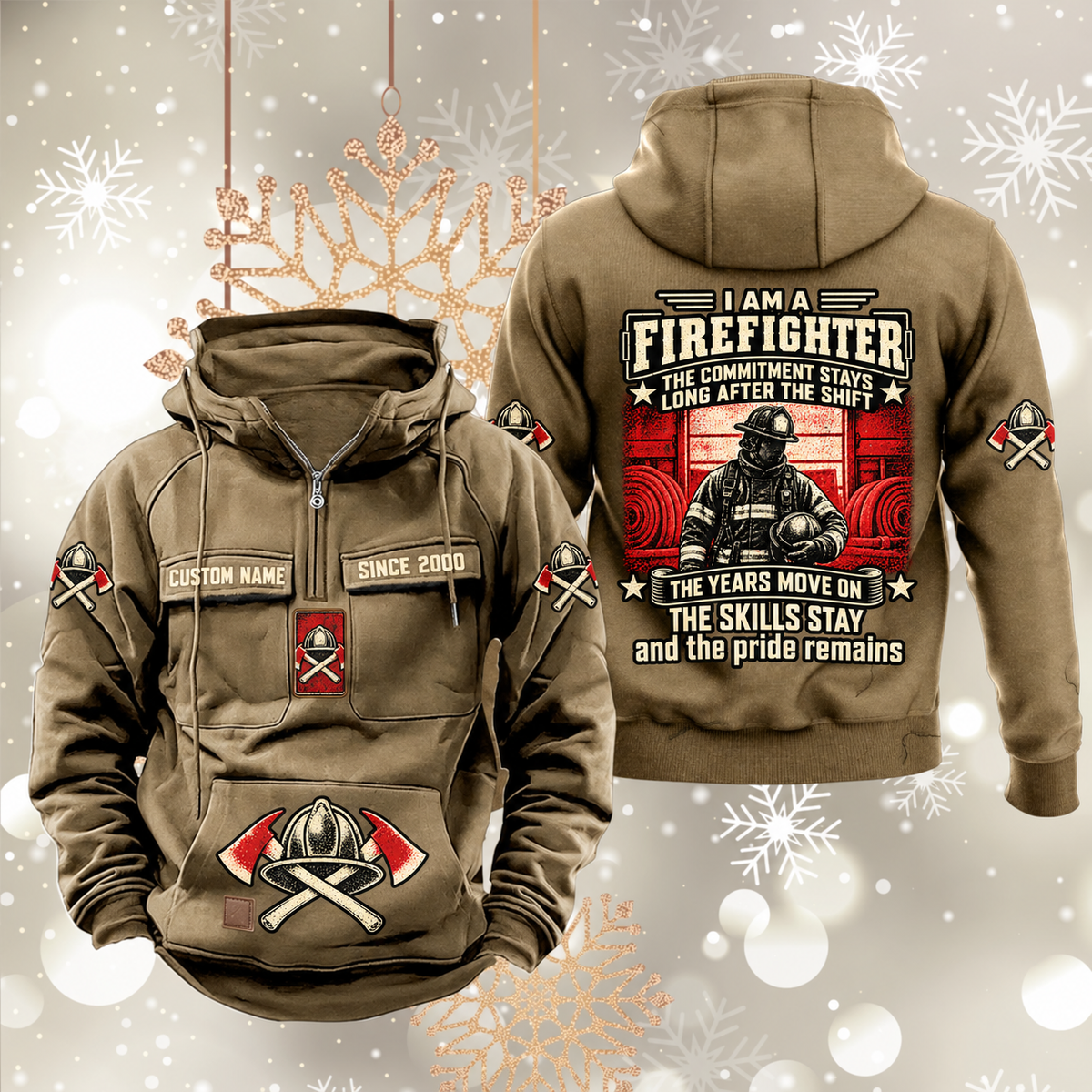 Firefighter Skills and Pride Vintage Hoodie in Kaki, front and back views with sample chest text CUSTOM NAME and SINCE 2000, helmet-and-axes motifs and firefighter portrait back artwork.