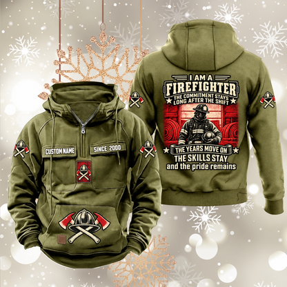 Firefighter Skills and Pride Vintage Hoodie in Military Green, front and back views with sample chest text CUSTOM NAME and SINCE 2000, helmet-and-axes motifs and firefighter portrait back artwork.