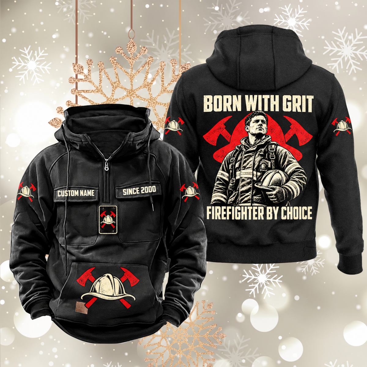 Black Firefighter By Choice vintage half-zip hoodie, front and back views with CUSTOM NAME and SINCE 2000 chest samples, helmet-and-crossed-axes motifs, and a firefighter portrait beneath BORN WITH GRIT above FIREFIGHTER BY CHOICE.