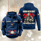Dark Blue Firefighter By Choice vintage half-zip hoodie, front and back views with CUSTOM NAME and SINCE 2000 chest samples, helmet-and-crossed-axes motifs, and a firefighter portrait beneath BORN WITH GRIT above FIREFIGHTER BY CHOICE.