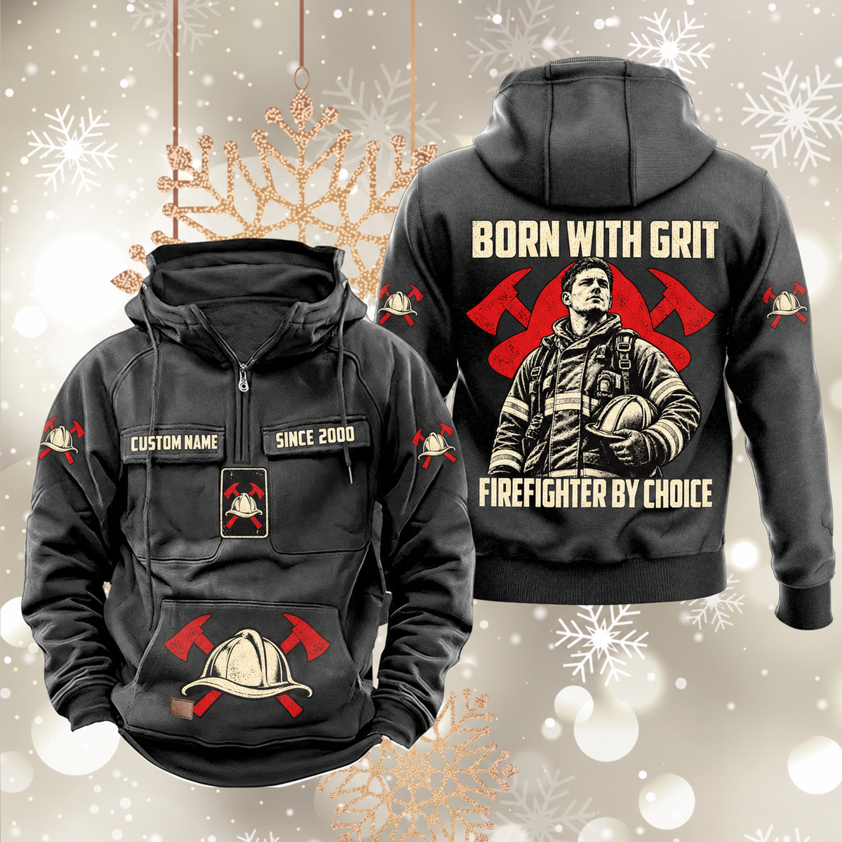 Dark Gray Firefighter By Choice vintage half-zip hoodie, front and back views with CUSTOM NAME and SINCE 2000 chest samples, helmet-and-crossed-axes motifs, and a firefighter portrait beneath BORN WITH GRIT above FIREFIGHTER BY CHOICE.