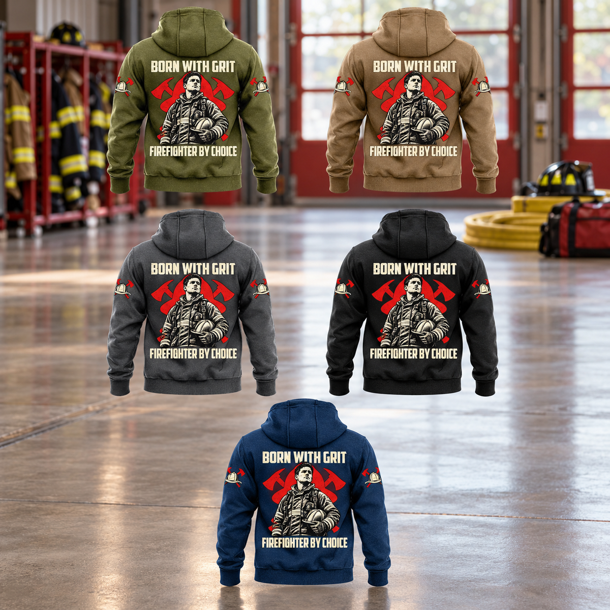 Five separate complete back views of the Firefighter By Choice vintage hoodie in Military Green, Kaki, Dark Gray, Black and Dark Blue, arranged in a quiet firehouse bay with equipment at rest.