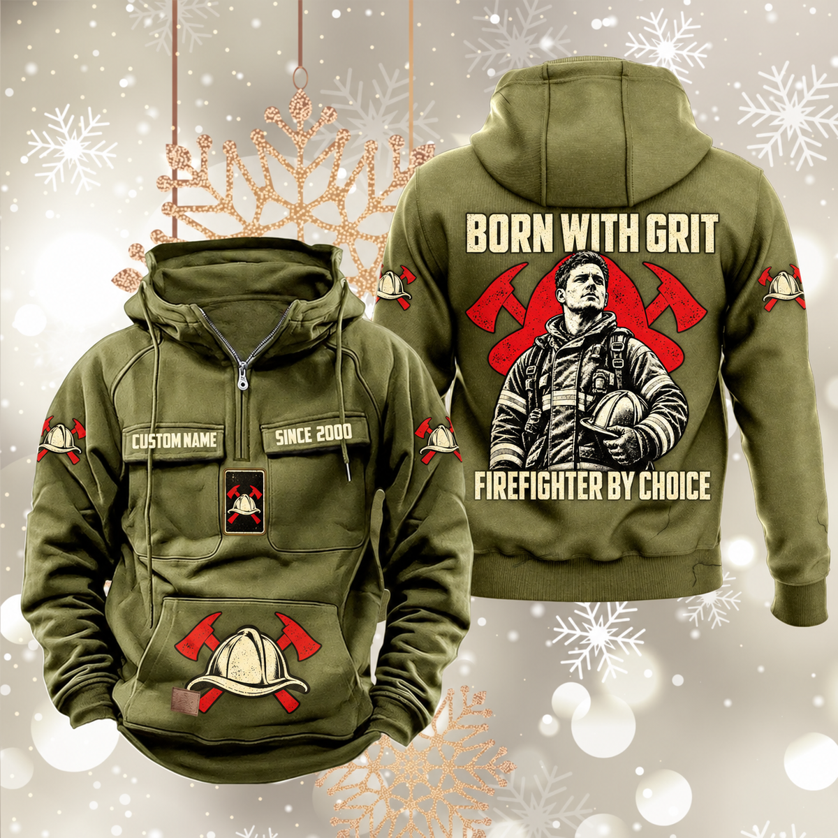Military Green Firefighter By Choice vintage half-zip hoodie, front and back views with CUSTOM NAME and SINCE 2000 chest samples, helmet-and-crossed-axes motifs, and a firefighter portrait beneath BORN WITH GRIT above FIREFIGHTER BY CHOICE.