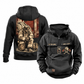 Firefighter Ready Every Day Portrait Vintage Hoodie in Black, shown from front and back on white. The half-zip front has CUSTOM NAME and SINCE 2000 sample tabs, helmet-and-crossed-axes chest artwork, plain sleeves and lower pouch with a small brown label. The back shows a compact firehouse-and-hose panel above a larger kneeling firefighter beside a closed equipment bag.