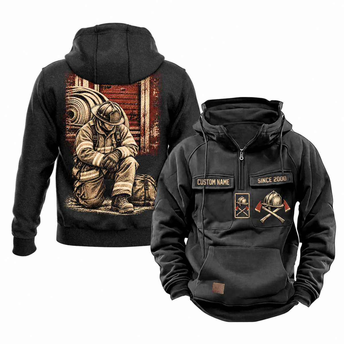 Firefighter Ready Every Day Portrait Vintage Hoodie in Black, shown from front and back on white. The half-zip front has CUSTOM NAME and SINCE 2000 sample tabs, helmet-and-crossed-axes chest artwork, plain sleeves and lower pouch with a small brown label. The back shows a compact firehouse-and-hose panel above a larger kneeling firefighter beside a closed equipment bag.