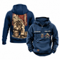 Firefighter Ready Every Day Portrait Vintage Hoodie in Dark Blue, shown from front and back on white. The half-zip front has CUSTOM NAME and SINCE 2000 sample tabs, helmet-and-crossed-axes chest artwork, plain sleeves and lower pouch with a small brown label. The back shows a compact firehouse-and-hose panel above a larger kneeling firefighter beside a closed equipment bag.