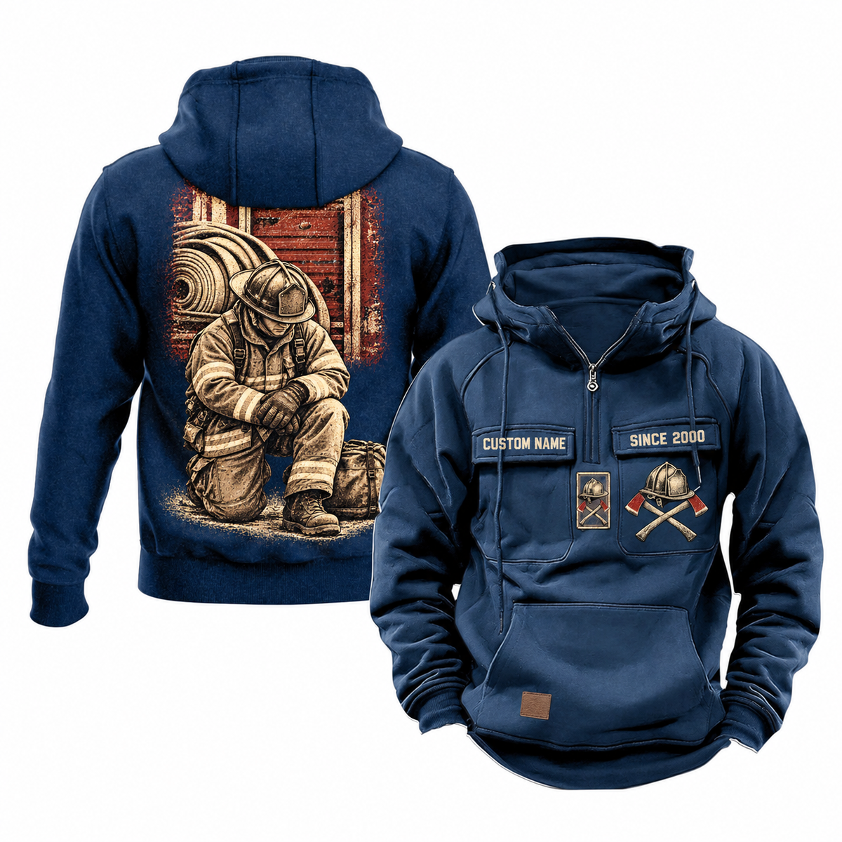 Firefighter Ready Every Day Portrait Vintage Hoodie in Dark Blue, shown from front and back on white. The half-zip front has CUSTOM NAME and SINCE 2000 sample tabs, helmet-and-crossed-axes chest artwork, plain sleeves and lower pouch with a small brown label. The back shows a compact firehouse-and-hose panel above a larger kneeling firefighter beside a closed equipment bag.