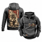 Firefighter Ready Every Day Portrait Vintage Hoodie in Dark Gray, shown from front and back on white. The half-zip front has CUSTOM NAME and SINCE 2000 sample tabs, helmet-and-crossed-axes chest artwork, plain sleeves and lower pouch with a small brown label. The back shows a compact firehouse-and-hose panel above a larger kneeling firefighter beside a closed equipment bag.
