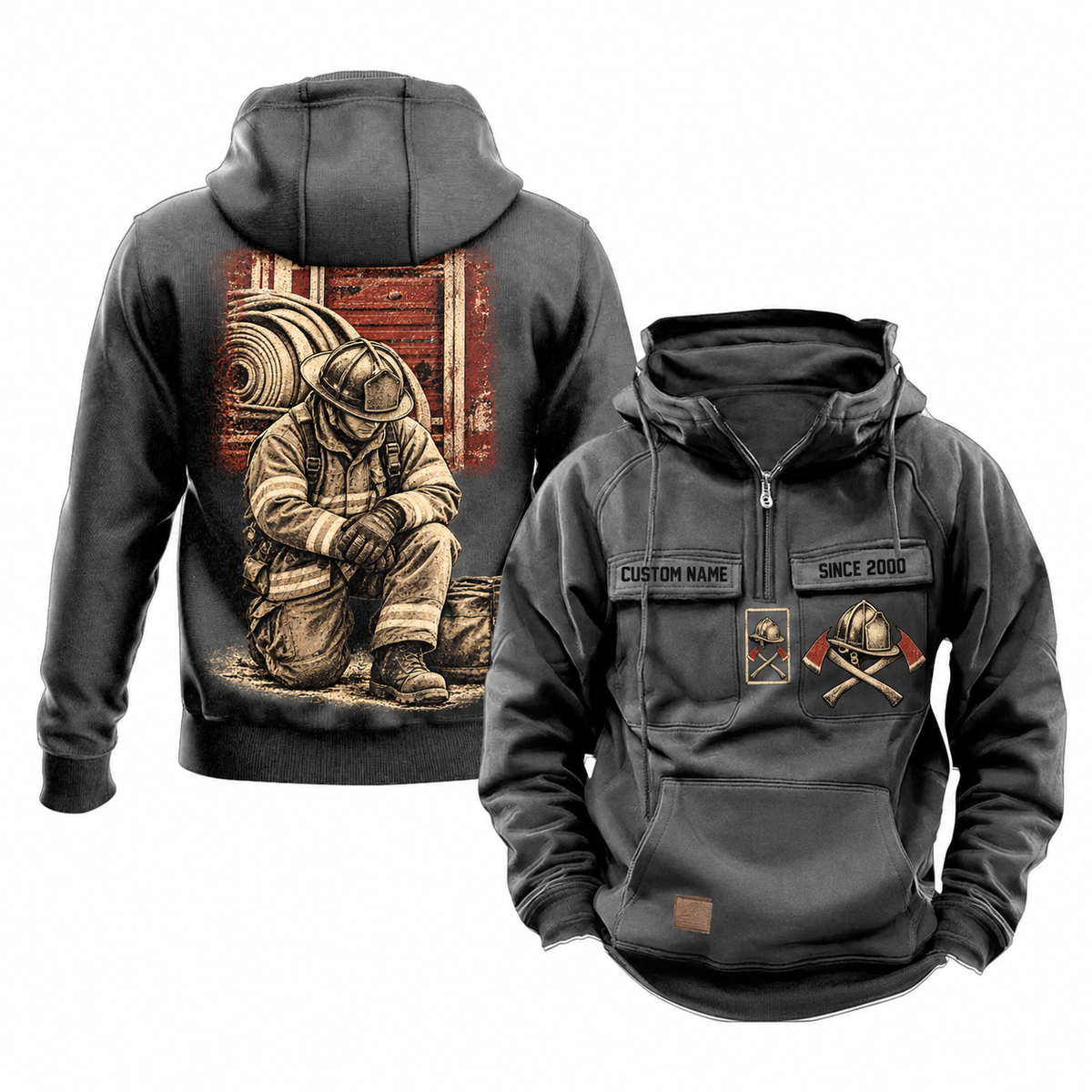 Firefighter Ready Every Day Portrait Vintage Hoodie in Dark Gray, shown from front and back on white. The half-zip front has CUSTOM NAME and SINCE 2000 sample tabs, helmet-and-crossed-axes chest artwork, plain sleeves and lower pouch with a small brown label. The back shows a compact firehouse-and-hose panel above a larger kneeling firefighter beside a closed equipment bag.
