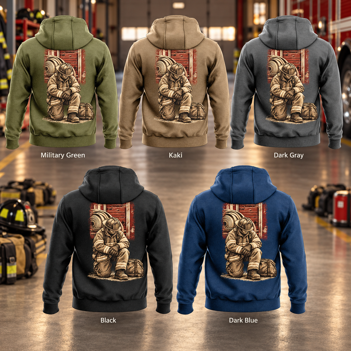 Five separate complete back views of the Firefighter Ready Every Day Portrait Vintage Hoodie in Military Green, Kaki, Dark Gray, Black and Dark Blue, labeled in a quiet firehouse bay with helmets and equipment at rest. Each hoodie shows a compact hose-and-firehouse panel and a larger sepia kneeling firefighter beside a closed equipment bag.