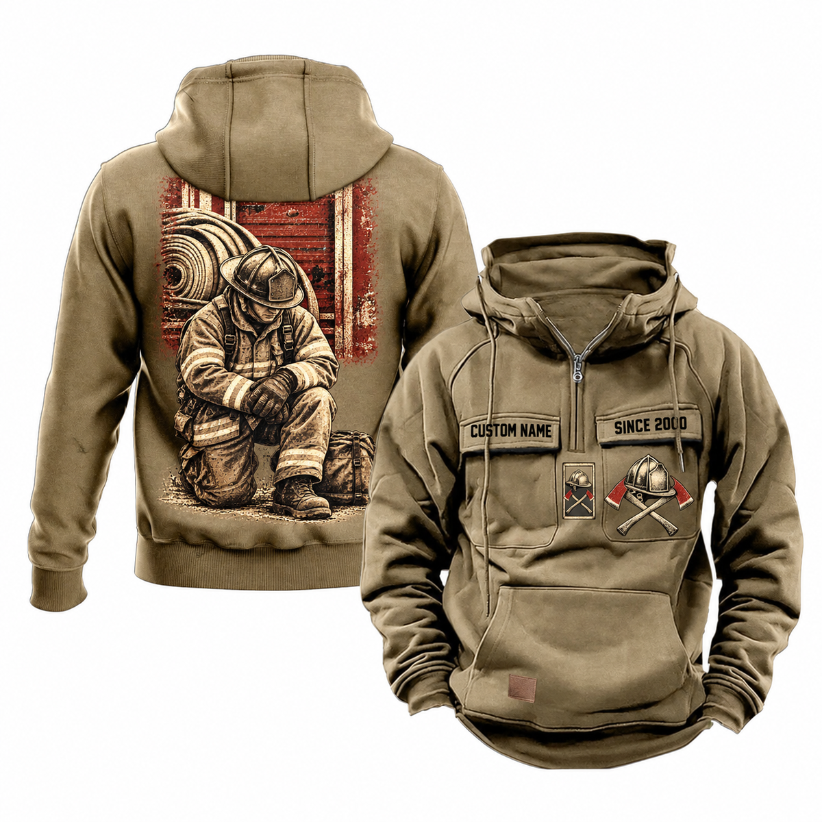 Firefighter Ready Every Day Portrait Vintage Hoodie in Kaki, shown from front and back on white. The half-zip front has CUSTOM NAME and SINCE 2000 sample tabs, helmet-and-crossed-axes chest artwork, plain sleeves and lower pouch with a small brown label. The back shows a compact firehouse-and-hose panel above a larger kneeling firefighter beside a closed equipment bag.