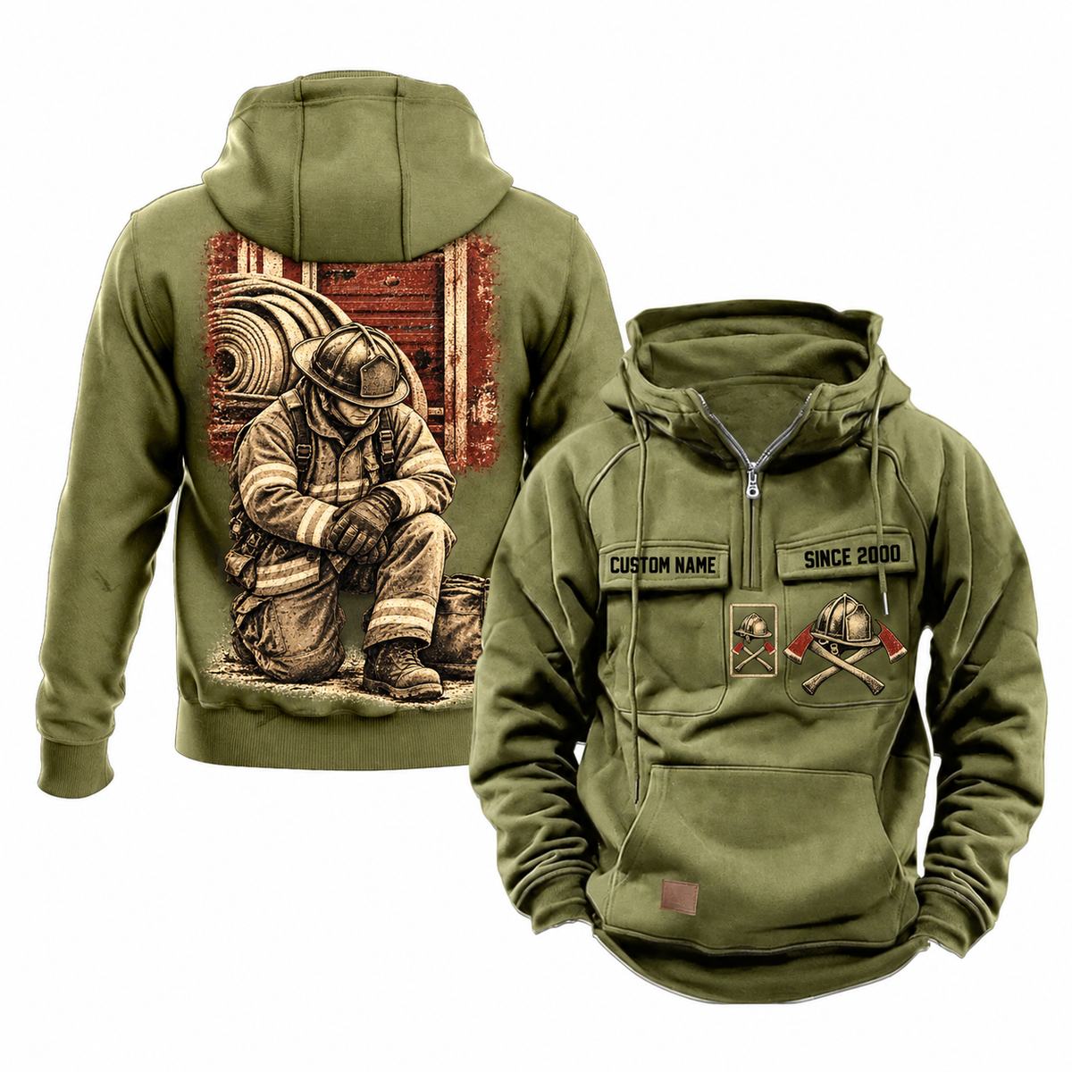 Firefighter Ready Every Day Portrait Vintage Hoodie in Military Green, shown from front and back on white. The half-zip front has CUSTOM NAME and SINCE 2000 sample tabs, helmet-and-crossed-axes chest artwork, plain sleeves and lower pouch with a small brown label. The back shows a compact firehouse-and-hose panel above a larger kneeling firefighter beside a closed equipment bag.