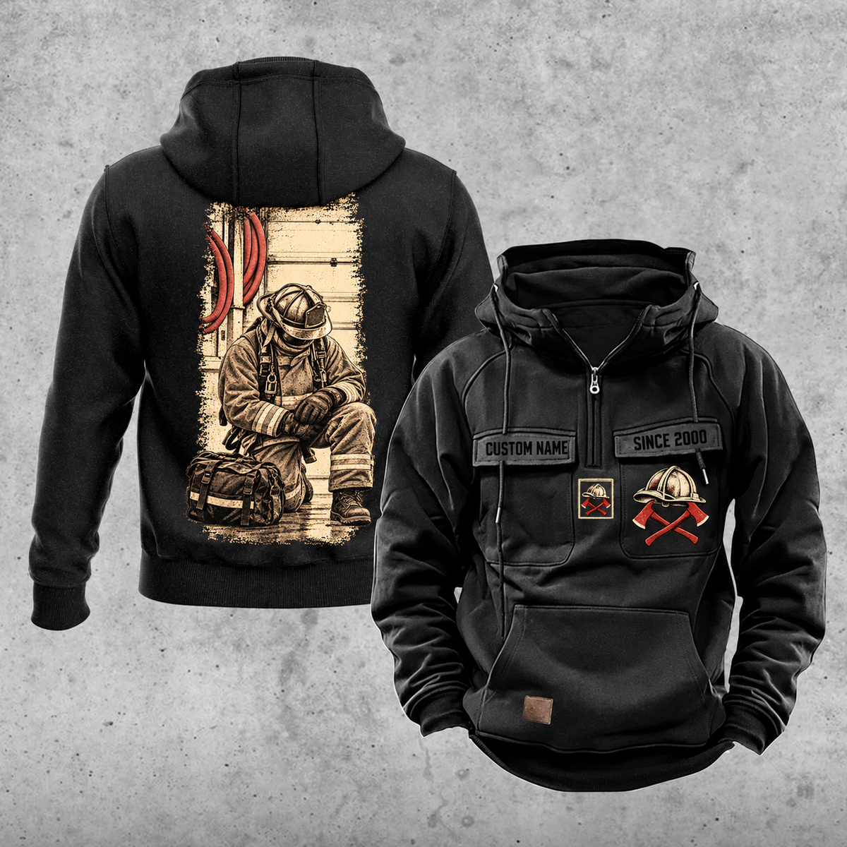 Firefighter Workday Portrait Vintage Hoodie in Black, front and back views with sample chest text CUSTOM NAME and SINCE 2000, helmet and crossed-axes chest artwork, plain sleeves and pouch, and a tall kneeling-firefighter back illustration.