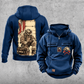 Firefighter Workday Portrait Vintage Hoodie in Dark Blue, front and back views with sample chest text CUSTOM NAME and SINCE 2000, helmet and crossed-axes chest artwork, plain sleeves and pouch, and a tall kneeling-firefighter back illustration.