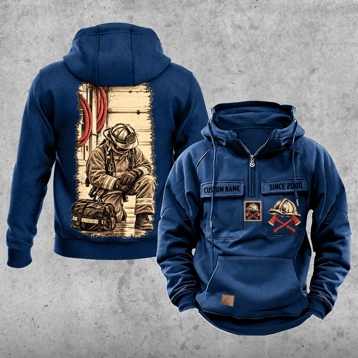 Firefighter Workday Portrait Vintage Hoodie in Dark Blue, front and back views with sample chest text CUSTOM NAME and SINCE 2000, helmet and crossed-axes chest artwork, plain sleeves and pouch, and a tall kneeling-firefighter back illustration.