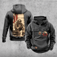 Firefighter Workday Portrait Vintage Hoodie in Dark Gray, front and back views with sample chest text CUSTOM NAME and SINCE 2000, helmet and crossed-axes chest artwork, plain sleeves and pouch, and a tall kneeling-firefighter back illustration.