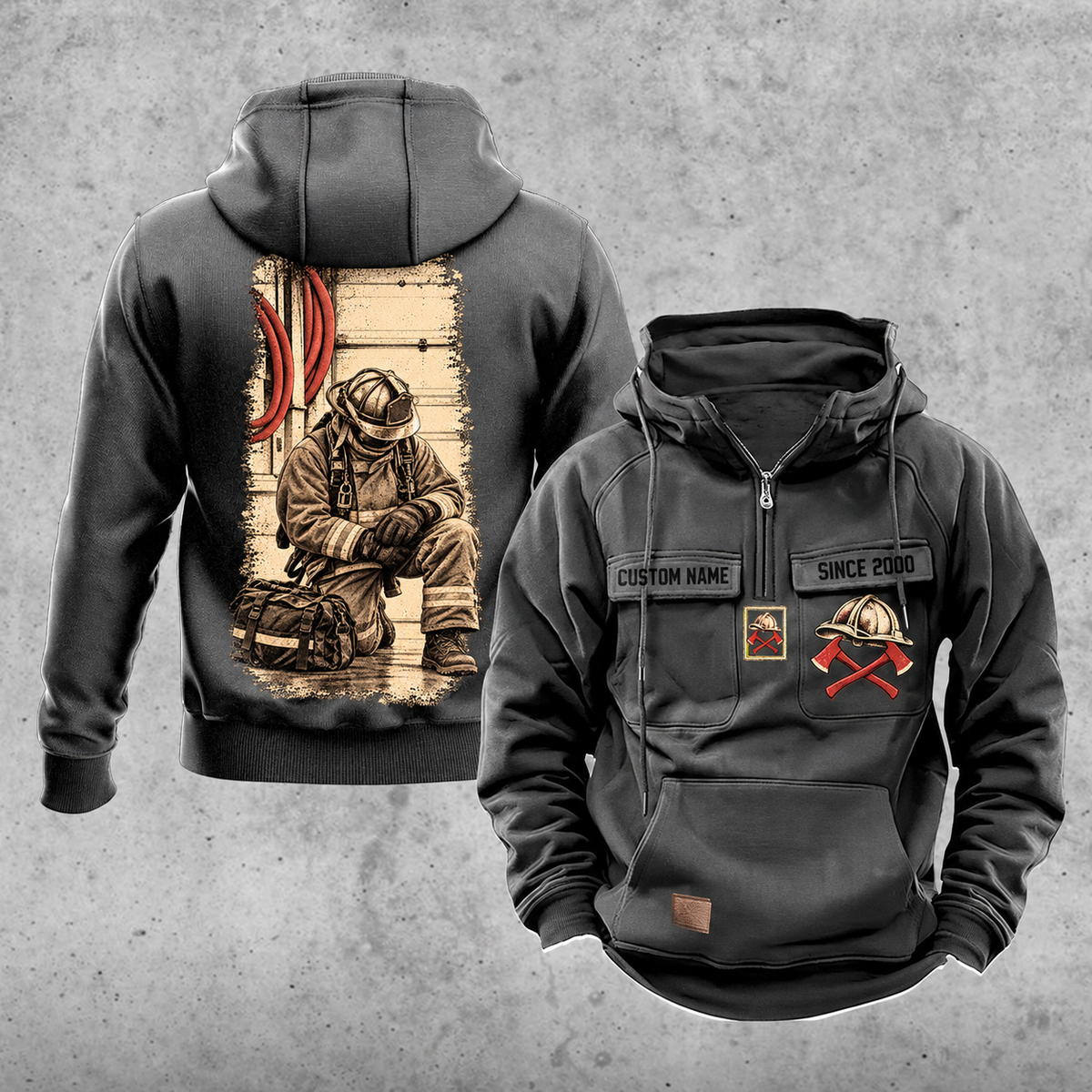 Firefighter Workday Portrait Vintage Hoodie in Dark Gray, front and back views with sample chest text CUSTOM NAME and SINCE 2000, helmet and crossed-axes chest artwork, plain sleeves and pouch, and a tall kneeling-firefighter back illustration.
