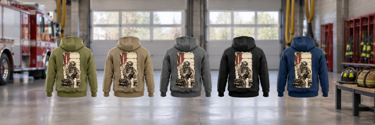 Five separate complete back views of the Firefighter Workday Portrait Vintage Hoodie in Military Green, Kaki, Dark Gray, Black and Dark Blue, arranged in a quiet firehouse bay with generic equipment at rest.