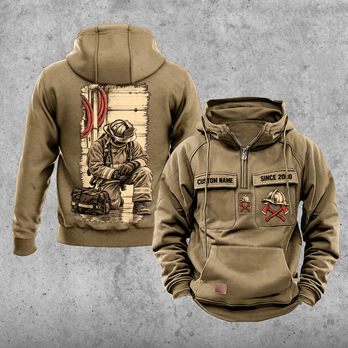 Firefighter Workday Portrait Vintage Hoodie in Kaki, front and back views with sample chest text CUSTOM NAME and SINCE 2000, helmet and crossed-axes chest artwork, plain sleeves and pouch, and a tall kneeling-firefighter back illustration.