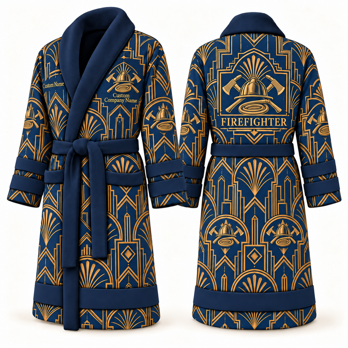 Personalized Firefighter Bathrobe - Art Deco Craft blue front and back view