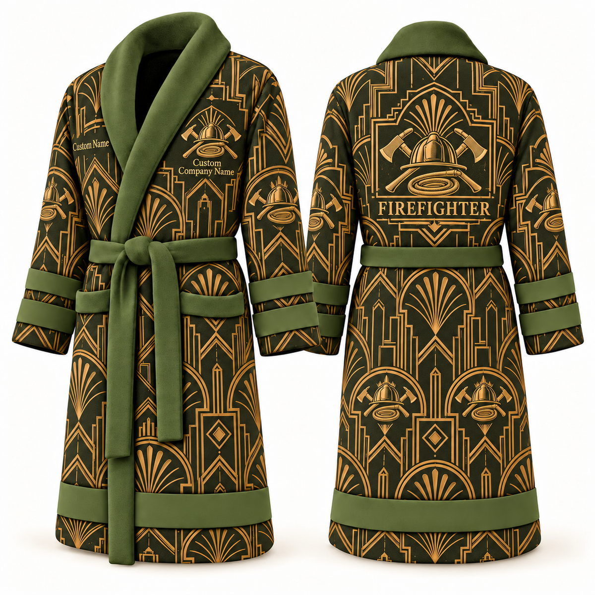 Personalized Firefighter Bathrobe - Art Deco Craft olive front and back view